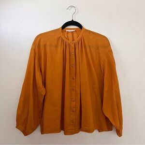 Doen Rust Orange Button-Front Peasant Blouse